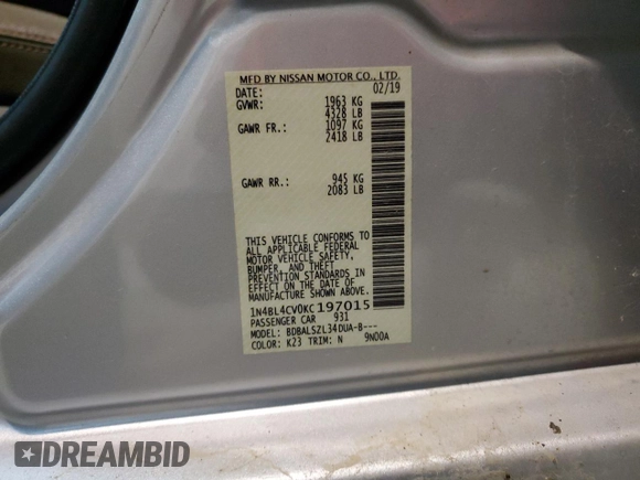 2019 Nissan Altima SR with VIN 1N4BL4CV0KC197015, listed as a Copart auction lot 49549033 with 52,631 mi miles and Salvage Title. Bid and sale history available at DreamBid. Image 12.