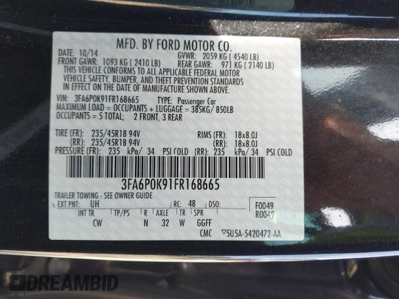 2015 Ford Fusion Titanium with VIN 3FA6P0K91FR168665, listed as a IAAI auction lot 41852403 with 138,711 mi miles. Bid and sale history available at carsss.com. Image 9.
