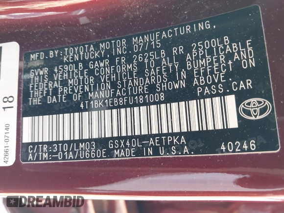 2015 Toyota Avalon Limited with VIN 4T1BK1EB8FU181008, listed as a IAAI auction lot 41850174 with 71,921 mi miles and . Bid and sale history available at DreamBid. Image 9.