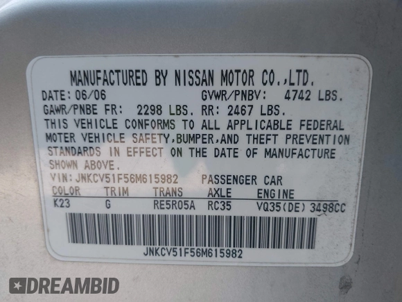 2006 Infiniti G35 with VIN JNKCV51F56M615982, listed as a IAAI auction lot 42110251 with 184,107 mi miles. Bid and sale history available at carsss.com. Image 9.