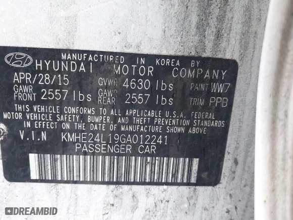 2016 Hyundai Sonata Hybrid SE with VIN KMHE24L19GA012241, listed as a IAAI auction lot 41841634 with 148,705 mi miles. Bid and sale history available at carsss.com. Image 9.
