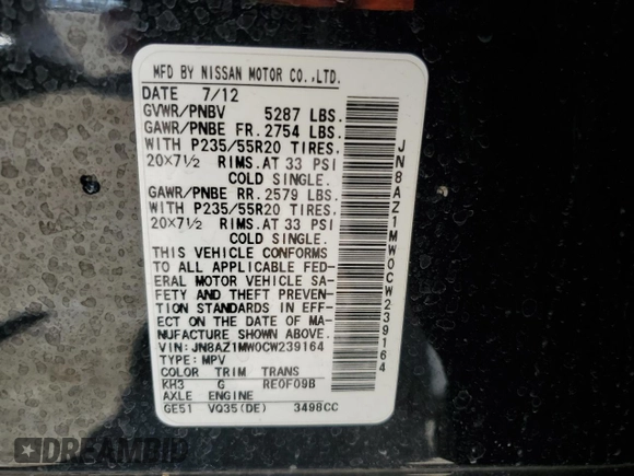 2012 Nissan Murano SL z VIN JN8AZ1MW0CW239164, wystawiony jako Copart lot #60280395 z przebiegiem 135 489 mil mil oraz Szkoda całkowita • Salvage title. Historia ofert i sprzedaży dostępna na DreamBid. Obrazek 12.
