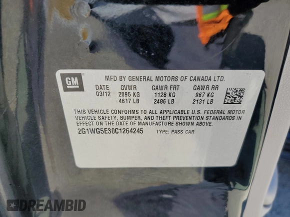 2012 Chevrolet Impala LT Fleet with VIN 2G1WG5E30C1264245, listed as a Copart auction lot 54797655 with 133,325 mi miles and Salvage Title. Bid and sale history available at DreamBid. Image 13.