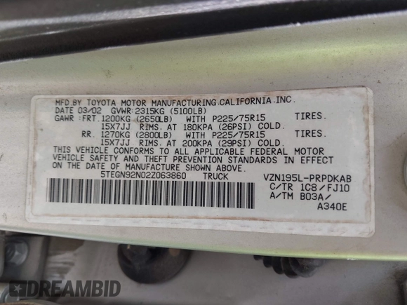 2002 Toyota Tacoma PreRunner с VIN 5TEGN92N02Z063860, выставлен на аукционе IAAI как лот 42177157 с пробегом 121 738 миль миль и . История ставок и продаж доступна на DreamBid. Изображение 9.