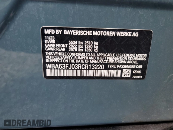 2024 BMW 5 Series 540i xDrive with VIN WBA63FJ03RCR13220, listed as a Copart auction lot 56892445 with Not provided miles and Salvage title. Bid and sale history available at DreamBid. Image 12.