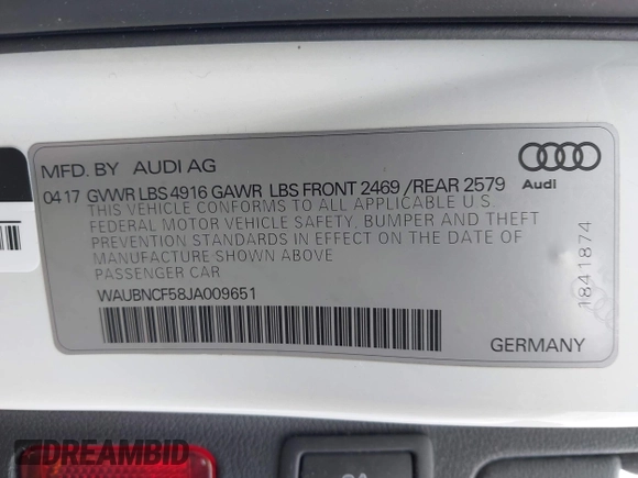 2018 Audi A5 Sportback Premium Plus с VIN WAUBNCF58JA009651, выставлен на аукционе IAAI как лот 41950955 с пробегом 73 880 миль миль и . История ставок и продаж доступна на DreamBid. Изображение 9.