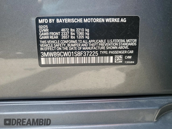 2025 BMW 3 Series 330i xDrive with VIN 3MW89CW01S8F37225, listed as a Copart auction lot 54339895 with 2,294 mi miles and Clean Title. Bid and sale history available at carsss.com. Image 12.