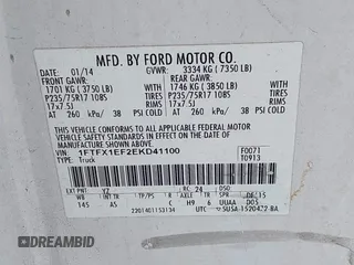 2014 Ford F-150 XL with VIN 1FTFX1EF2EKD41100, listed as a IAAI auction lot 42506812 with 153,255 mi miles and . Bid and sale history available at DreamBid. Image 9.