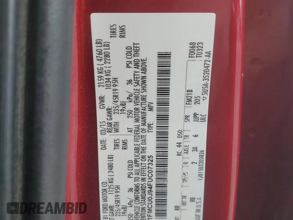 2015 Ford Escape Titanium with VIN 1FMCU0J94FUC07325, listed as a Copart auction lot 46539625 with 205,868 mi miles and Salvage Title. Bid and sale history available at DreamBid. Image 13.