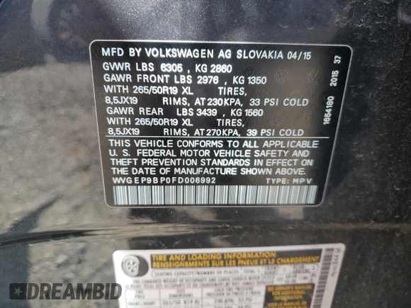 2015 Volkswagen Touareg Lux с VIN WVGEP9BP0FD006992, выставлен на аукционе Copart как лот 59524445 с пробегом 169 822 миль миль и Списание • Salvage title. История ставок и продаж доступна на DreamBid. Изображение 13.