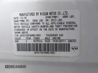 2019 Infiniti Q50 3.0t LUXE with VIN JN1EV7AP4KM513651, listed as a IAAI auction lot 41357173 with 77,485 mi miles. Bid and sale history available at carsss.com. Image 9.