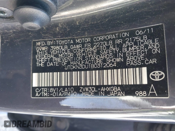 2011 Toyota Prius I with VIN JTDKN3DU1B0312064, listed as a IAAI auction lot 42146720 with 187,007 mi miles and . Bid and sale history available at DreamBid. Image 9.