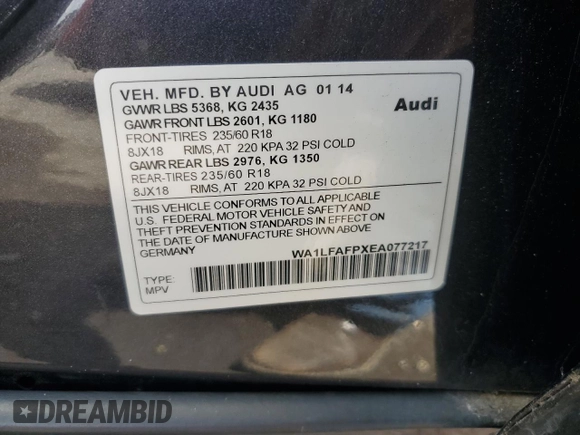 2014 Audi Q5 Premium Plus with VIN WA1LFAFPXEA077217, listed as a Copart auction lot 64427965 with 102,452 mi miles and Salvage title. Bid and sale history available at DreamBid. Image 13.