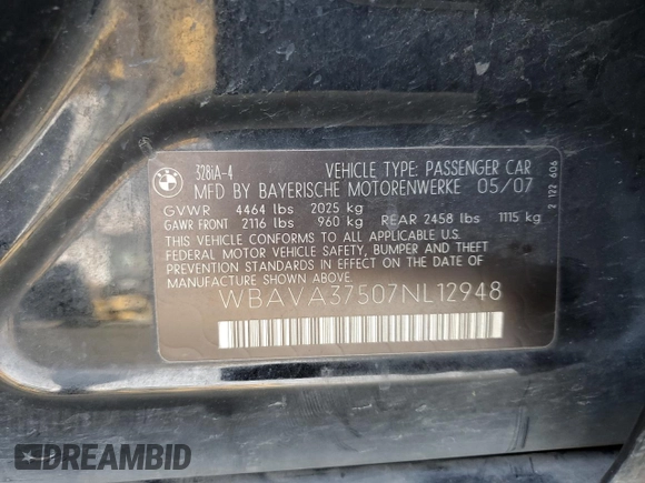 2007 BMW 3 Series 328i with VIN WBAVA37507NL12948, listed as a Copart auction lot 50275915 with 357,156 mi miles and Salvage title. Bid and sale history available at DreamBid. Image 12.