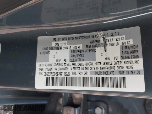 2024 Mazda 3 S Carbon Edition with VIN 3MZBPBCM6RM411828, listed as a IAAI auction lot 42802141 with 40,061 mi miles and . Bid and sale history available at DreamBid. Image 9.