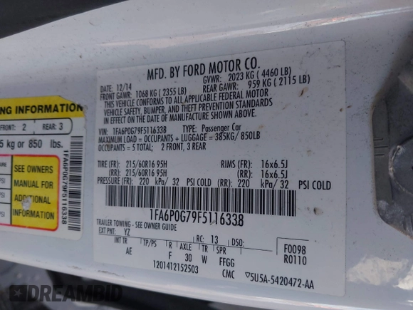 2015 Ford Fusion S with VIN 1FA6P0G79F5116338, listed as a IAAI auction lot 41755743 with 290,698 mi miles. Bid and sale history available at carsss.com. Image 9.