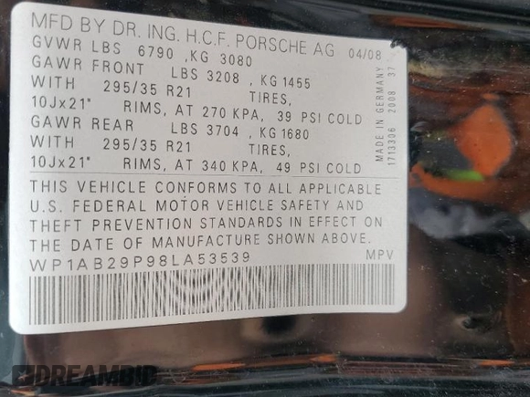 2008 Porsche Cayenne S with VIN WP1AB29P98LA53539, listed as a Copart auction lot 53736175 with 160,208 mi miles and Salvage title. Bid and sale history available at DreamBid. Image 13.