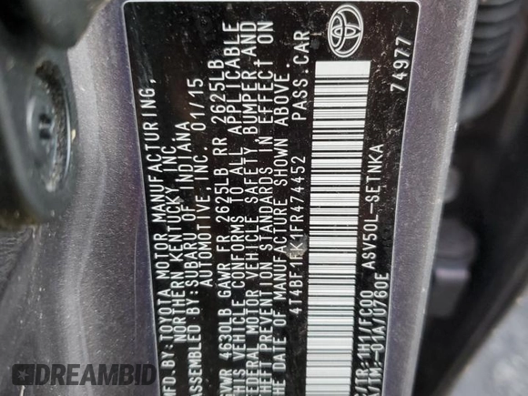 2015 Toyota Camry XLE with VIN 4T4BF1FK1FR474452, listed as a Copart auction lot 41479605 with Not Provided miles and Salvage Title. Bid and sale history available at DreamBid. Image 13.