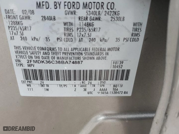 2008 Ford Edge SE with VIN 2FMDK36C38BA74887, listed as a Copart auction lot 52731475 with 173,932 mi miles and Salvage Title. Bid and sale history available at carsss.com. Image 13.