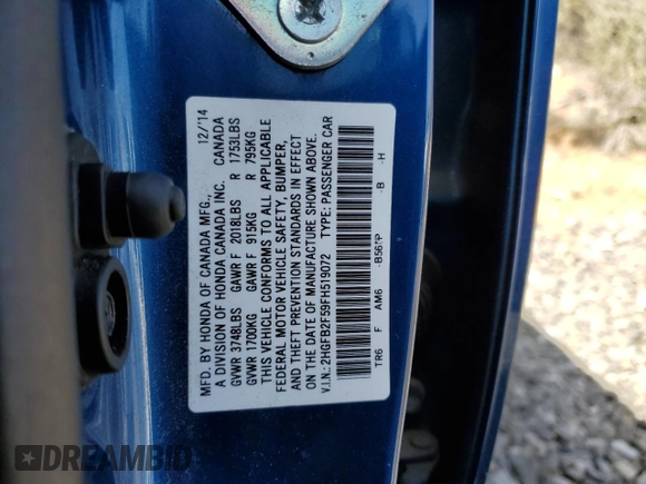 2015 Honda Civic LX z VIN 2HGFB2F59FH519072, wystawiony jako Copart lot #52425705 z przebiegiem 185 539 mil mil oraz Szkoda całkowita • Salvage title. Historia ofert i sprzedaży dostępna na DreamBid. Obrazek 12.