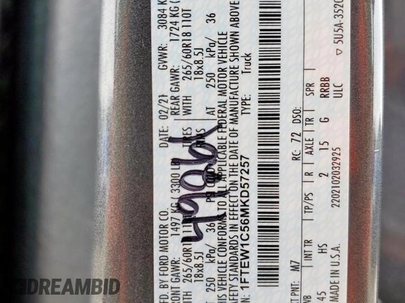 2021 Ford F-150 XL with VIN 1FTEW1C56MKD57257, listed as a Copart auction lot 51836915 with 109,269 mi miles and Salvage title. Bid and sale history available at DreamBid. Image 14.