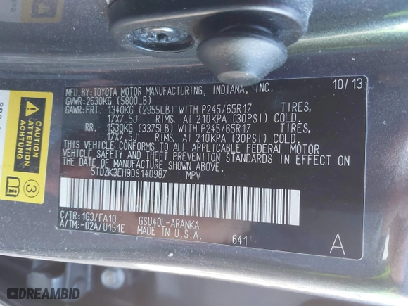 2013 Toyota Highlander with VIN 5TDZK3EH9DS140987, listed as a IAAI auction lot 41012130 with 141,832 mi miles. Bid and sale history available at carsss.com. Image 9.