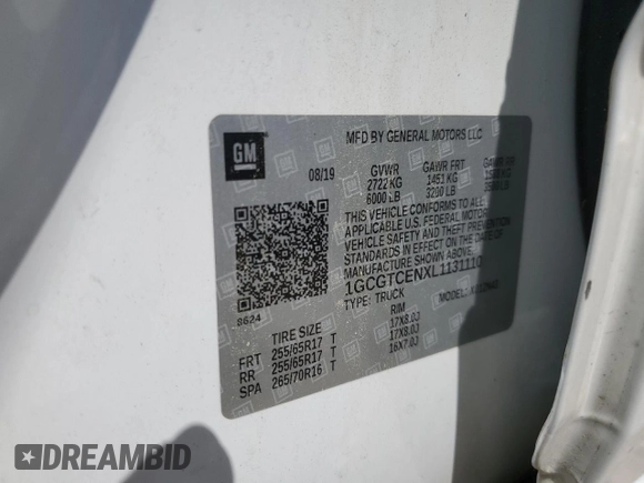 2020 Chevrolet Colorado 4WD LT with VIN 1GCGTCENXL1131110, listed as a Copart auction lot 55503655 with 91,950 mi miles and Salvage title. Bid and sale history available at DreamBid. Image 12.