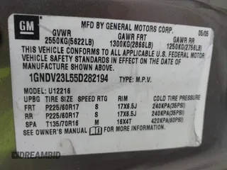 2005 Chevrolet Uplander LS z VIN 1GNDV23L55D282194, wystawiony jako IAAI lot #42361946 z przebiegiem Nie podano mil oraz . Historia ofert i sprzedaży dostępna na DreamBid. Obrazek 9.