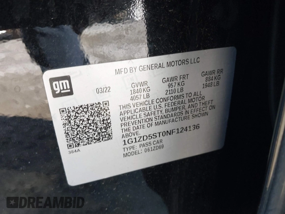 2022 Chevrolet Malibu LT with VIN 1G1ZD5ST0NF124136, listed as a IAAI auction lot 41101203 with 53,870 mi miles and . Bid and sale history available at DreamBid. Image 9.