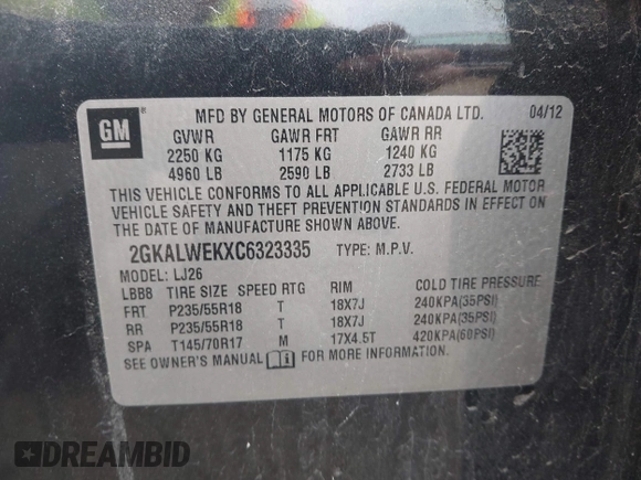2012 GMC Terrain SLT-2 с VIN 2GKALWEKXC6323335, выставлен на аукционе IAAI как лот 42540614 с пробегом 164 298 миль миль и . История ставок и продаж доступна на DreamBid. Изображение 9.
