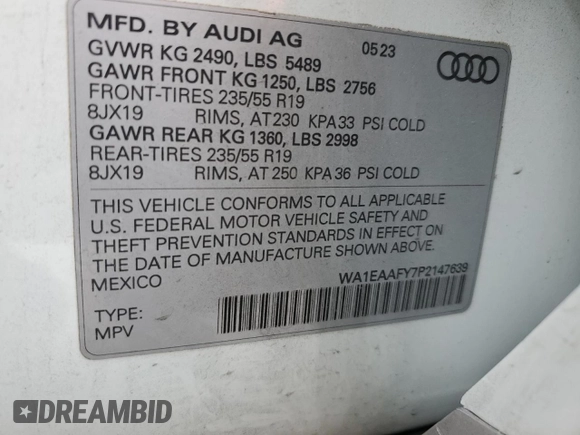 2023 Audi Q5 S line Premium Plus with VIN WA1EAAFY7P2147639, listed as a Copart auction lot 53052525 with 12,411 mi miles and Salvage title. Bid and sale history available at DreamBid. Image 13.
