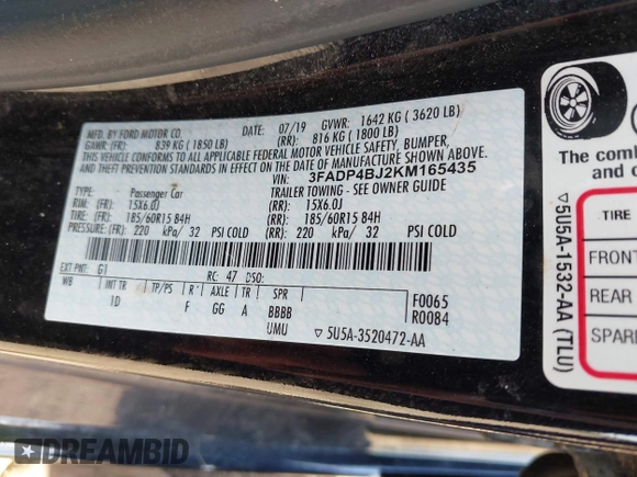 2019 Ford Fiesta SE with VIN 3FADP4BJ2KM165435, listed as a IAAI auction lot 42077508 with 118,784 mi miles. Bid and sale history available at carsss.com. Image 9.