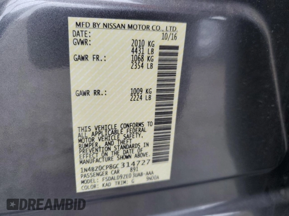 2016 Nissan LEAF S с VIN 1N4BZ0CP8GC314727, выставлен на аукционе Copart как лот 58508905 с пробегом 57 539 миль миль и Списание • Salvage title. История ставок и продаж доступна на DreamBid. Изображение 12.