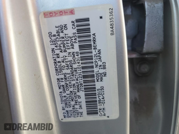 2001 Toyota ECHO z VIN JTDBT123110143148, wystawiony jako Copart lot #54260225 z przebiegiem 85 065 mil mil oraz Szkoda całkowita • Salvage title. Historia ofert i sprzedaży dostępna na DreamBid. Obrazek 12.