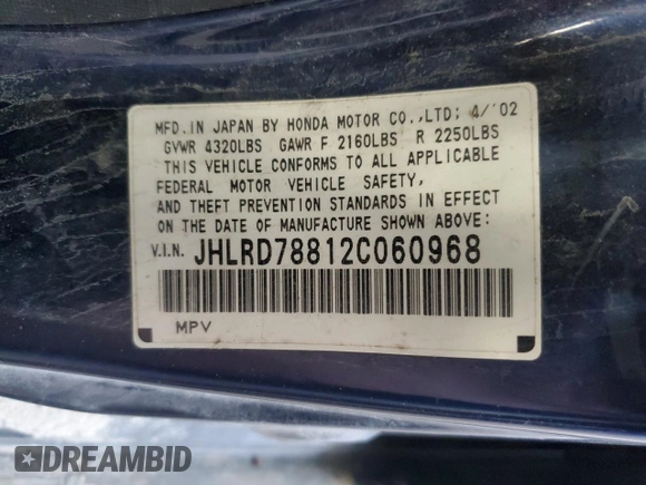 2002 Honda CR-V EX with VIN JHLRD78812C060968, listed as a Copart auction lot 57203365 with 170,202 mi miles and Salvage title. Bid and sale history available at DreamBid. Image 13.