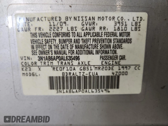 2010 Nissan Sentra S z VIN 3N1AB6AP0AL635496, wystawiony jako Copart lot #63763815 z przebiegiem 146 631 mil mil oraz Szkoda całkowita • Salvage title. Historia ofert i sprzedaży dostępna na DreamBid. Obrazek 12.