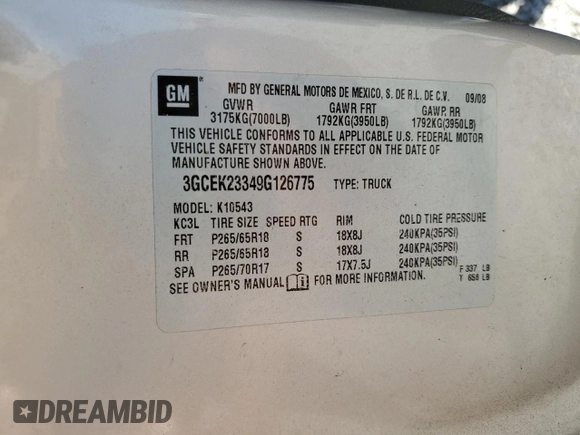 2009 Chevrolet Silverado 1500 LT with VIN 3GCEK23349G126775, listed as a Copart auction lot 51908085 with 139,463 mi miles and Salvage Title. Bid and sale history available at DreamBid. Image 12.