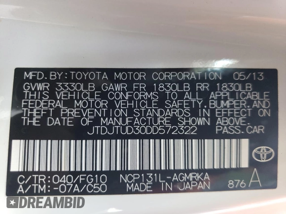 2013 Toyota Yaris L with VIN JTDJTUD30DD572322, listed as a Copart auction lot 47873475 with 77,441 mi miles and Salvage Title. Bid and sale history available at carsss.com. Image 12.