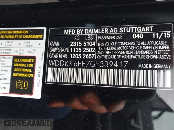 2016 Mercedes-Benz E E 400 with VIN WDDKK6FF7GF339417, listed as a IAAI auction lot 42111352 with 59,859 mi miles. Bid and sale history available at carsss.com. Image 9.