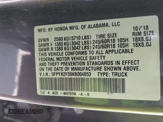 2019 Honda Ridgeline RTL with VIN 5FPYK2F59KB004653, listed as a IAAI auction lot 42066778 with 90,144 mi miles and . Bid and sale history available at DreamBid. Image 9.