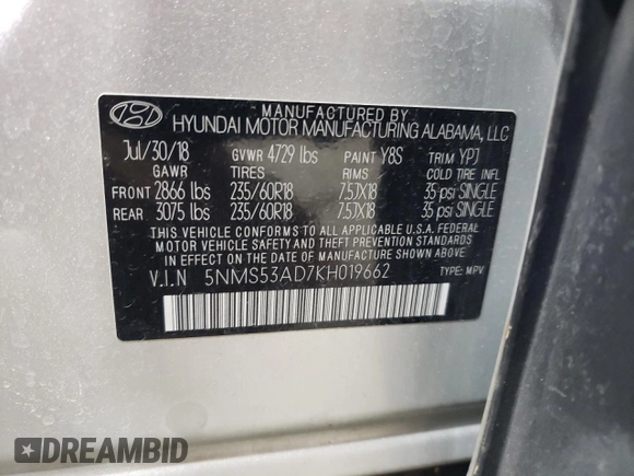 2019 Hyundai Santa Fe Limited with VIN 5NMS53AD7KH019662, listed as a Copart auction lot 79444784 with 106,106 mi miles and Salvage Title. Bid and sale history available at carsss.com. Image 13.