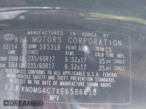 2014 Kia Sedona LX with VIN KNDMG4C7XE6586613, listed as a IAAI auction lot 41597187 with 211,851 mi miles. Bid and sale history available at carsss.com. Image 9.