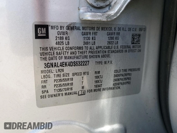 2013 Chevrolet Captiva Sport LTZ with VIN 3GNAL4EK4DS632227, listed as a Copart auction lot 55054975 with 121,526 mi miles and Salvage Title. Bid and sale history available at DreamBid. Image 13.