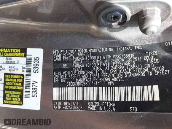 2011 Toyota Sienna XLE with VIN 5TDDK3DC2BS001541, listed as a IAAI auction lot 42731870 with 288,853 mi miles and . Bid and sale history available at DreamBid. Image 9.