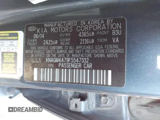 2015 Kia Optima LX with VIN KNAGM4A79F5547332, listed as a IAAI auction lot 42711552 with 154,318 mi miles and . Bid and sale history available at DreamBid. Image 9.