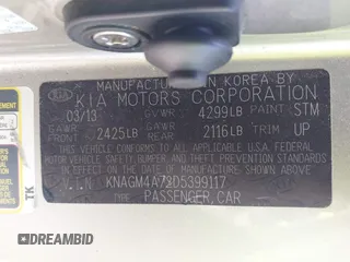 2013 Kia Optima LX with VIN KNAGM4A72D5399117, listed as a IAAI auction lot 42174312 with 105,661 mi miles and . Bid and sale history available at carsss.com. Image 9.