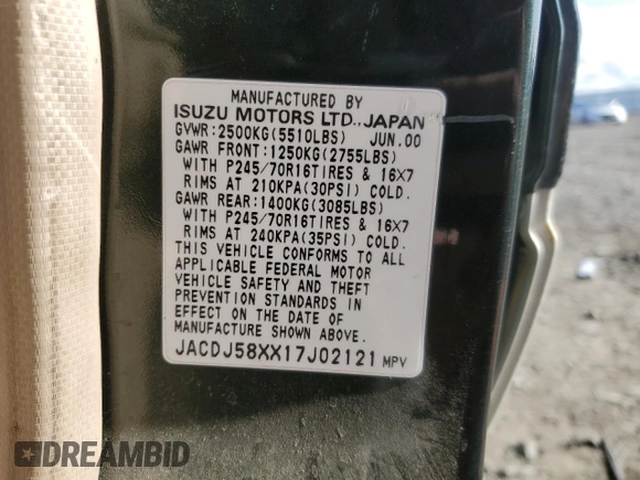2001 Isuzu Trooper S with VIN JACDJ58XX17J02121, listed as a Copart auction lot 77664704 with 148,752 mi miles and Salvage title. Bid and sale history available at DreamBid. Image 14.