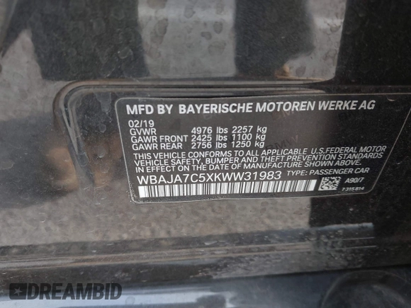 2019 BMW 5 Series 530i xDrive with VIN WBAJA7C5XKWW31983, listed as a IAAI auction lot 41893477 with 127,535 mi miles and . Bid and sale history available at DreamBid. Image 9.