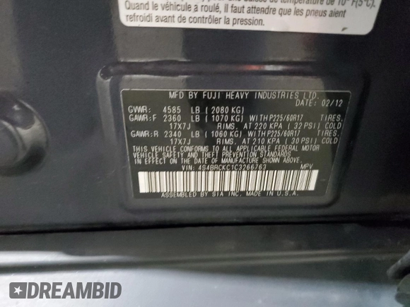 2012 Subaru Outback Limited with VIN 4S4BRCKC1C3266763, listed as a Copart auction lot 59905525 with 117,117 mi miles and Salvage title. Bid and sale history available at DreamBid. Image 13.