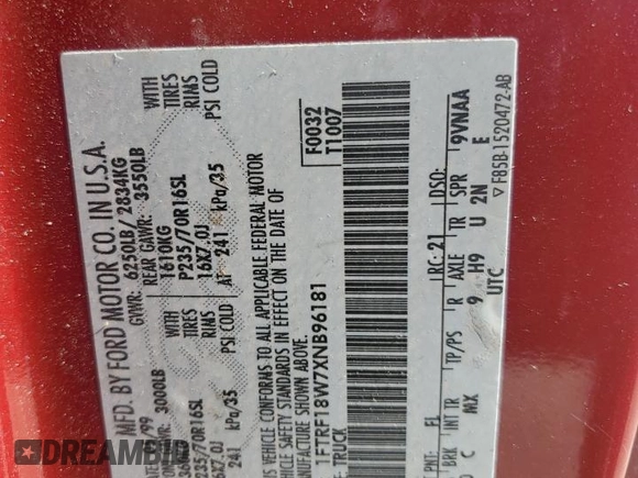 1999 Ford F-150 с VIN 1FTRF18W7XNB96181, выставлен на аукционе Copart как лот 76442364 с пробегом 143 813 миль миль и Списание • Salvage title. История ставок и продаж доступна на DreamBid. Изображение 12.